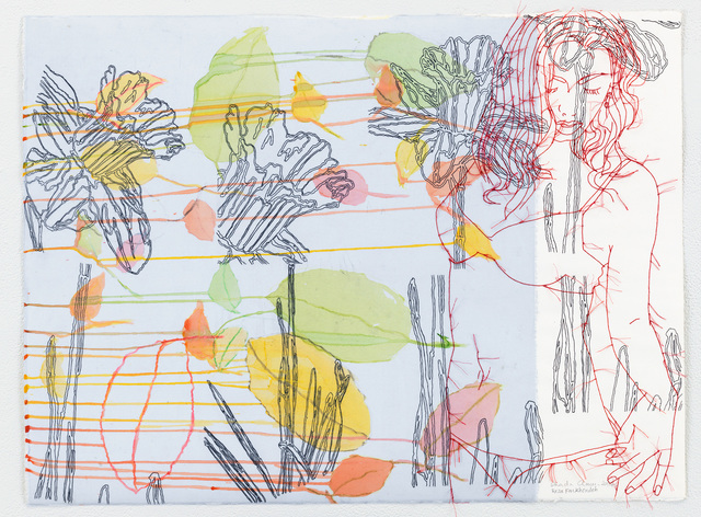 Ghada Amer & Reza Farkhondeh, ‘Blue window’, 2017, Drawing, Collage or other Work on Paper, Ink, acrylic, fabric and embroidery on paper, Goodman Gallery