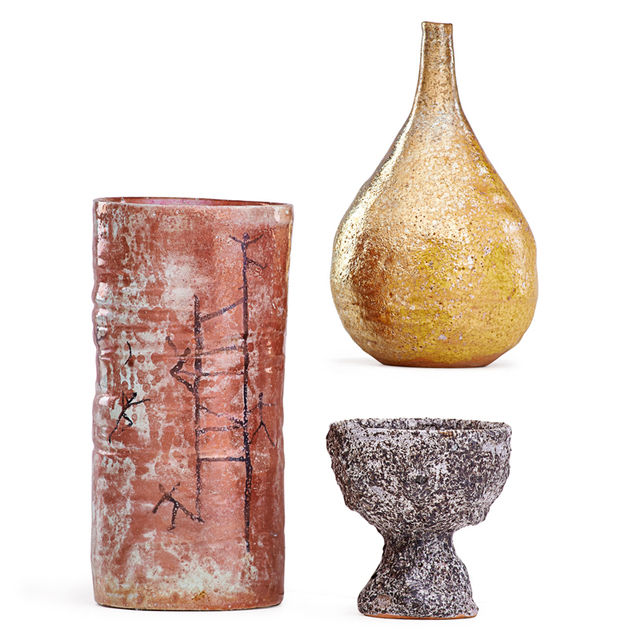 Beatrice Wood, ‘Gold Iridescent Teardrop Vase, Oxblood Cylindrical Vase, And Small Volcanic Coupe, Ojai, CA’, Rago/Wright