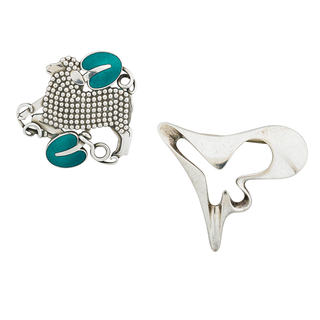 Arno Malinowski, ‘Lamb Brooch No. 256 By Malinowski And Sculptural Pin By Koppel, Denmark’, after 1945, Design/Decorative Art, Sterling Silver, Enamel, Rago/Wright