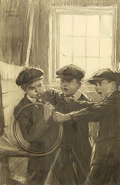 Worth Brehm, ‘Penrod, Sam and Roddy Bits fighting for the “Horn of Fame” ’, 1910-1918, Drawing, Collage or other Work on Paper, Charcoal on Board, The Illustrated Gallery