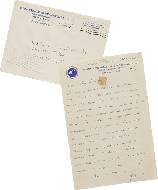 Neil Armstrong, ‘AUTOGRAPH LETTER SIGNED ("NEIL"). 1 PAGE (8 BY 5¼ INCHES). LUNAR RECEIVING LABORATORY, NASA MANNED SPACECRAFT CENTER, HOUSTON, TEXAS, AUGUST 2, 1969, TO TED & LANE BENNETT IN KANSAS.’, Sotheby's