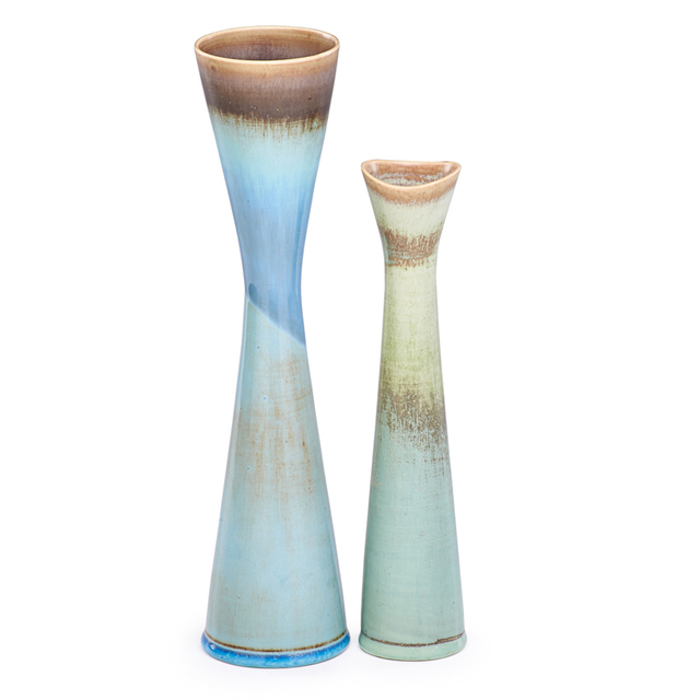 Stig Lindberg, ‘Two Corseted Vases, Turquoise and Blue Hare'S Fur Glazes, Sweden’, mid-20th C., Rago/Wright
