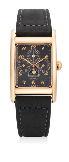 Audemars Piguet, ‘A fine and rare pink gold limited edition rectangular perpetual calendar wristwatch with applied Breguet numerals, matte black dial, certificate and leather portfolio, numbered 21 of a limited edition of 50 pieces’, Circa 1990, Phillips