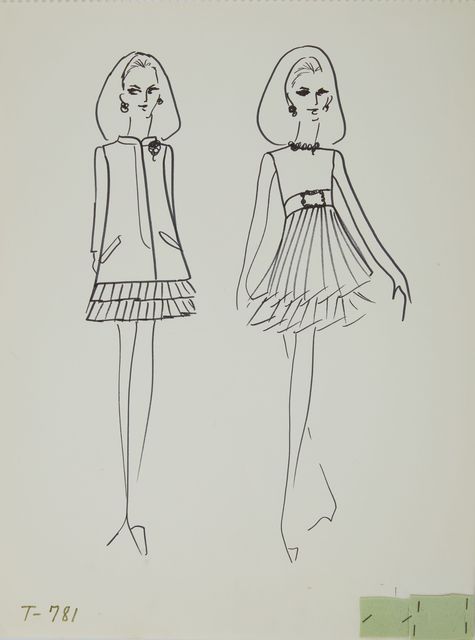 Karl Lagerfeld, ‘Karl Lagerfeld Original Fashion Sketch Ink Drawing with Fabric T-781’, ca. 1963-1969, Drawing, Collage or other Work on Paper, Mixed Media, ink pen on paper with fabric, Modern Artifact