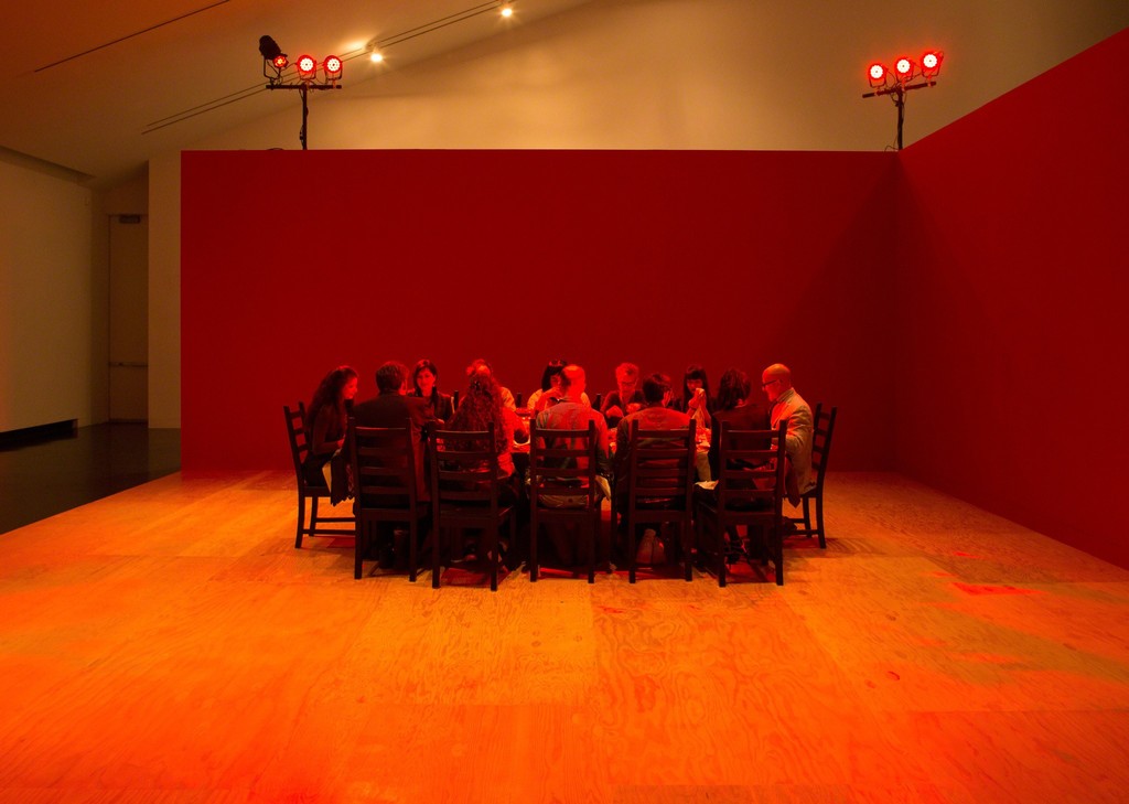 Installation view of a themed dinner in Janine Antoni and Stephen Petronio's "On the Table," in the exhibition "Janine Antoni & Stephen Petronio's: Entangle," Tang Teaching Museum, 2017 Installation view of a themed dinner in Janine Antoni and Stephen Petronio's "On the Table," in the exhibition "Janine Antoni & Stephen Petronio's: Entangle," Tang Teaching Museum, 2017