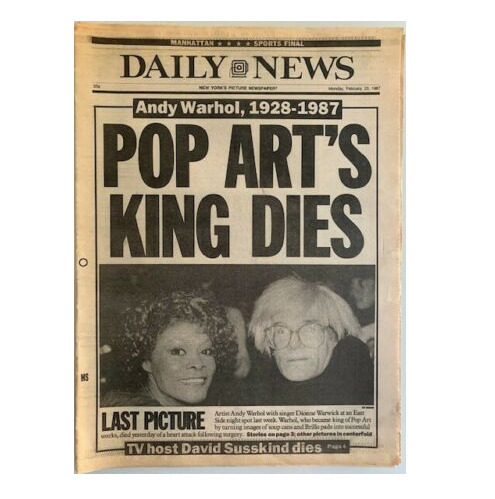 Andy Warhol, ‘"Warhol, The Prince of Pop Art Dies After Operation", NY Daily News ’, 1987, VINCE fine arts/ephemera
