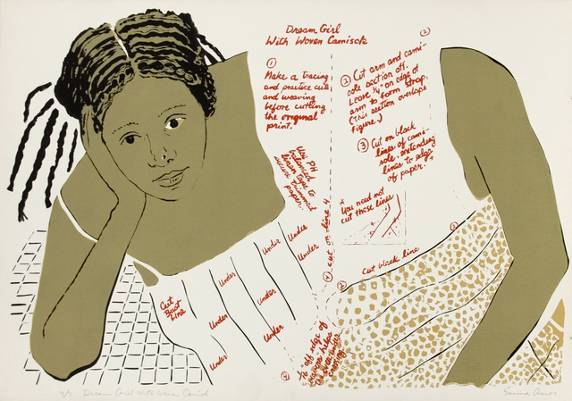 Emma Amos, ‘Dream Girl with Woven Camisole’, 1978, Print, Etching and Silkscreen, Mary Ryan Gallery, Inc