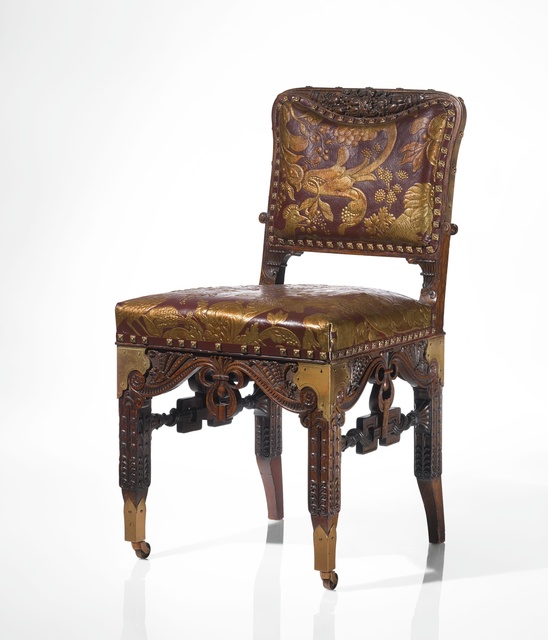 Herter Brothers, ‘An Important Side Chair from the Dining Room of the William H. Vanderbilt House, New York’, circa 1881-1882, Design/Decorative Art, Carved oak, brass and parcel-gilt and embossed leather upholstery, Sotheby's