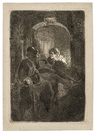 Woman at a Door Hatch Talking to a Man and Children