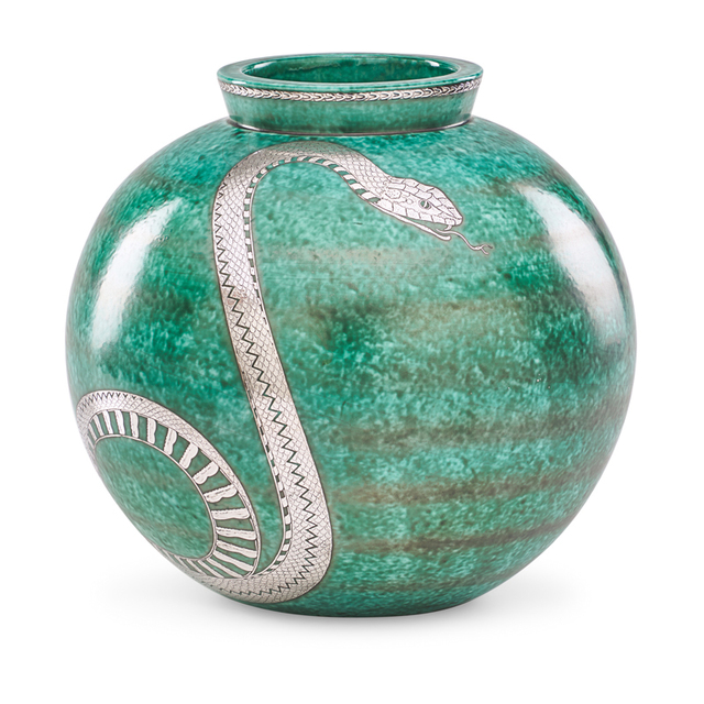 Wilhelm Kåge, ‘Fine large Argenta vase with snake, Sweden’, 1938, Design/Decorative Art, Glazed stoneware, silver inlay, Rago/Wright