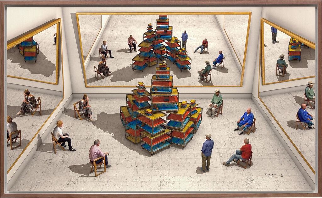 David Hockney - Viewers Looking at a Ready-made with Skull and Mirrors