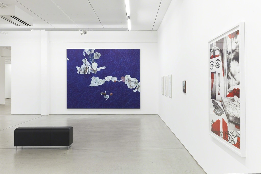 Installation view of the two person show "Through a Glass, Clearly" by Sebastian Burger and Stefan Guggisberg, G2 Kunsthalle, Leipzig (Germany), September 9, 2016 – January 15, 2017, front wall: "Nabel" (2016, oil on paper, 300 x 370 cm) by Stefan Guggisberg, right: "Motel John Lykes" (2016, oil on paper, 140 x 100 cm) by Sebastian Burger, photo: Dotgain © the artists & G2 Kunsthalle, Leipzig. Installation view of the two person show "Through a Glass, Clearly" by Sebastian Burger and Stefan Guggisberg, G2 Kunsthalle, Leipzig (Germany), September 9, 2016 – January 15, 2017, front wall: "Nabel" (2016, oil on paper, 300 x 370 cm) by Stefan Guggisberg, right: "Motel John Lykes" (2016, oil on paper, 140 x 100 cm) by Sebastian Burger, photo: Dotgain © the artists & G2 Kunsthalle, Leipzig.