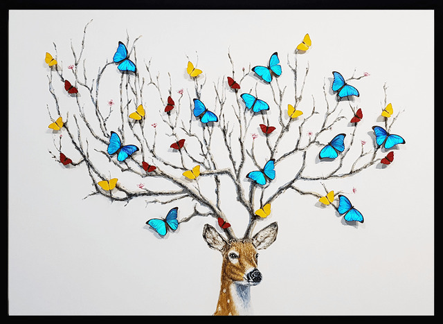 SN, ‘Wish Tree ’, 2019, Painting, Oil on canvas with mounted butterflies. Enclosed in a wooden frame with "optimum museum acrylic" which filters UV radiation and gives a clear image and glare control., Eden Fine Art