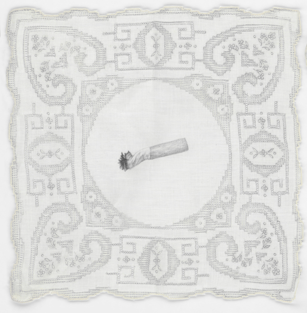 Constance Edwards Scopelitis, ‘God Is In Clean Laundry: Cigarette’, 2019, Drawing, Collage or other Work on Paper, Carbon on vintage handkercheif, Garvey | Simon