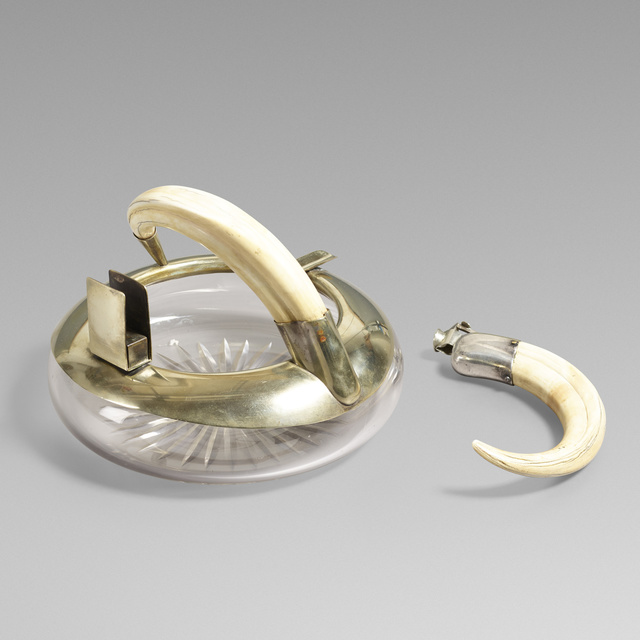 ‘Cigar cutter and ashtray’, c. 1930, Design/Decorative Art, Silver, engraved glass, boar tusk, Rago/Wright