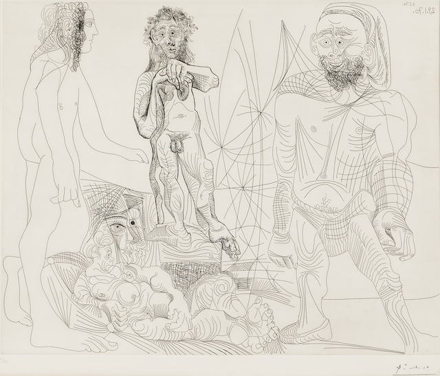 Pablo Picasso, ‘Vieux modèle-jeune odalisque, femme androgyne, berger arcadien et pêcheur à la Boina pendante, second state of two, 1970, plate 8 from Séries 156’, 1978, Skinner