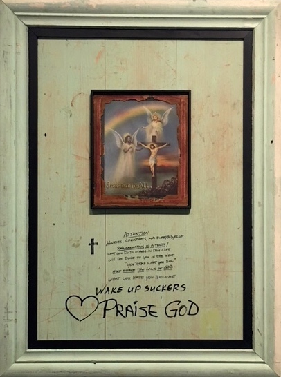 Forrest Prince, ‘Wake Up Suckers’, 2017, Drawing, Collage or other Work on Paper, Mixed Media on Wood, Deborah Colton Gallery