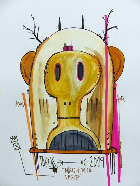 TAREK, ‘le masque de la vérité’, 2019, Drawing, Collage or other Work on Paper, Tea, watercolor, color ink and posca on paper, Galerie Carole Kvasnevski