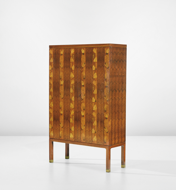 Paolo Buffa, ‘Rare illuminated drinks cabinet’, circa 1946, Design/Decorative Art, Brazilian rosewood-veneered wood, burr walnut-veneered wood, walnut-veneered wood, lemon tree-veneered wood, lemon tree wood, brass, nickel-plated brass, mirrored glass, glass., Phillips