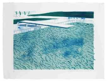 David Hockney - Lithograph of Water made of lines with two light blue washes (Tyler 249; M.C.A.T 206)