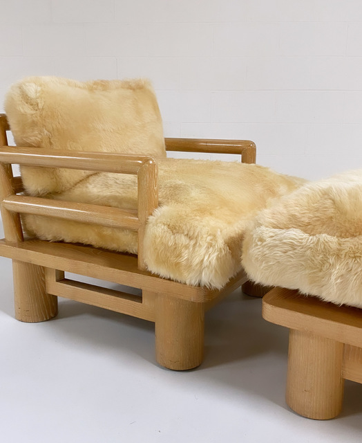 Karl Springer, ‘Rare Dowelwood Lounge Chair and Ottoman with Sheepskin Cushions’, 1970s, Design/Decorative Art, Cerused Oak, Sheepskin, Forsyth