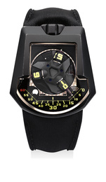 A rare and unusual AlTiN-coated titanium wristwatch with revolving satellite complication with telescopic minute hands, twin turbine winding system, moon phase and day/night indication, with presentation box