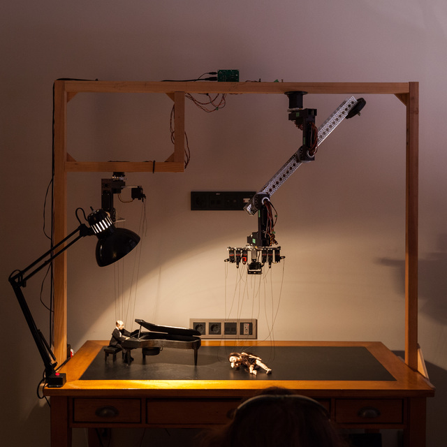 Janet Cardiff & George Bures Miller, ‘Sad Waltz and the Dancer who couldn't dance’, 2015, Installation, Mixed media installation including wooden desk, marionettes, robotics, audio, and lighting, Luhring Augustine