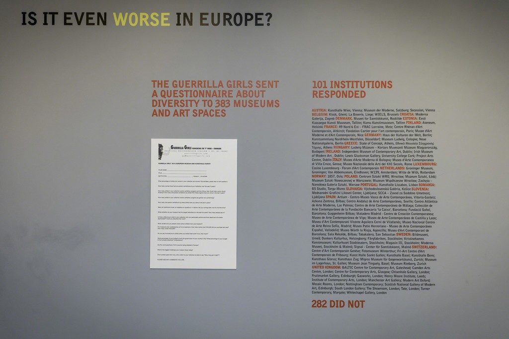 Whitechapel Gallery Guerrilla Girls Commission: Is it even worse in Europe? (2016) Photo: Steven White Whitechapel Gallery Guerrilla Girls Commission: Is it even worse in Europe? (2016) Photo: Steven White