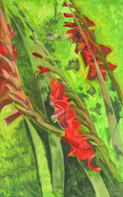 Lois Dodd, ‘Red Gladioli’, 2004, Painting, Oil on masonite, Alexandre Gallery
