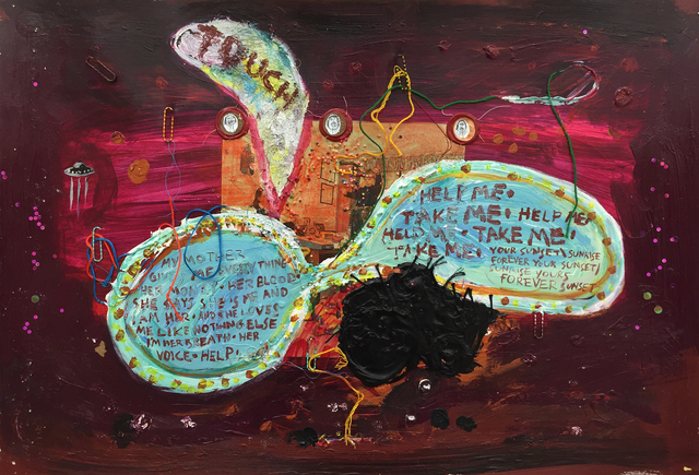 Yael Kanarek, ‘Touch Bubble’, 1994, Painting, Acrylic, pennies, glitter, marker, candy sprinkles, hair, sewing thread, embroidery thread, and paper clips on paper, bitforms gallery