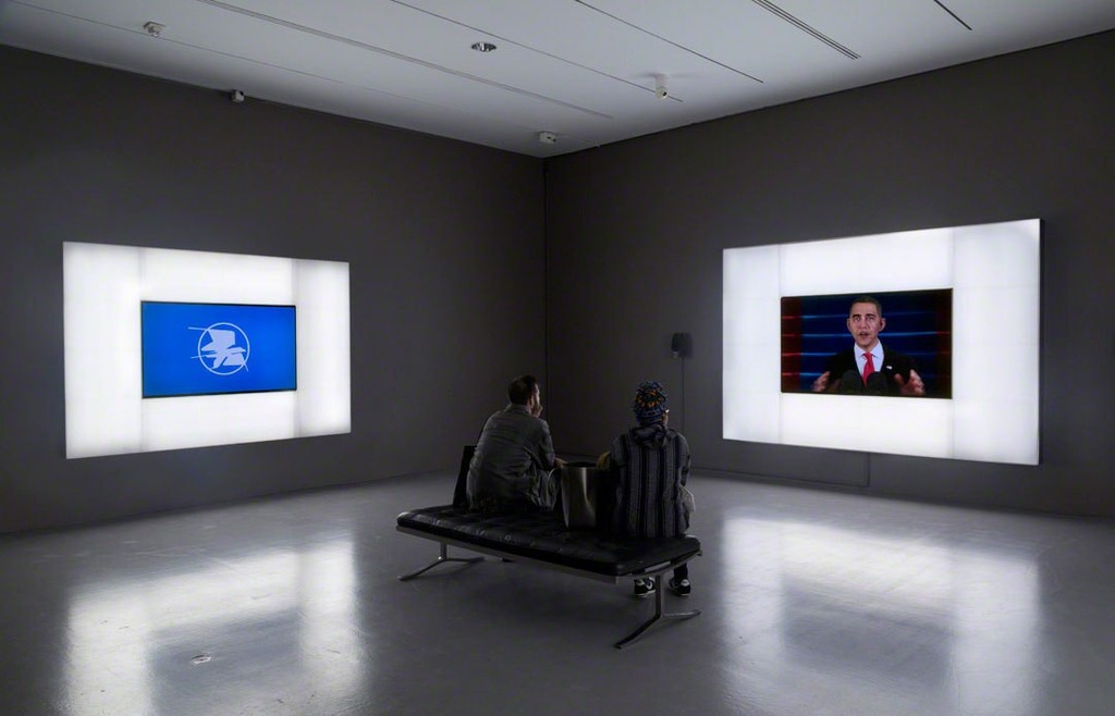 Josh Kline. Installation view of Patriot Acts, 2015, and Hope and Change, 2015, in Suspended Animation at the Hirshhorn Museum and Sculpture Garden, 2016. Photo: Cathy Carver Josh Kline. Installation view of Patriot Acts, 2015, and Hope and Change, 2015, in Suspended Animation at the Hirshhorn Museum and Sculpture Garden, 2016. Photo: Cathy Carver