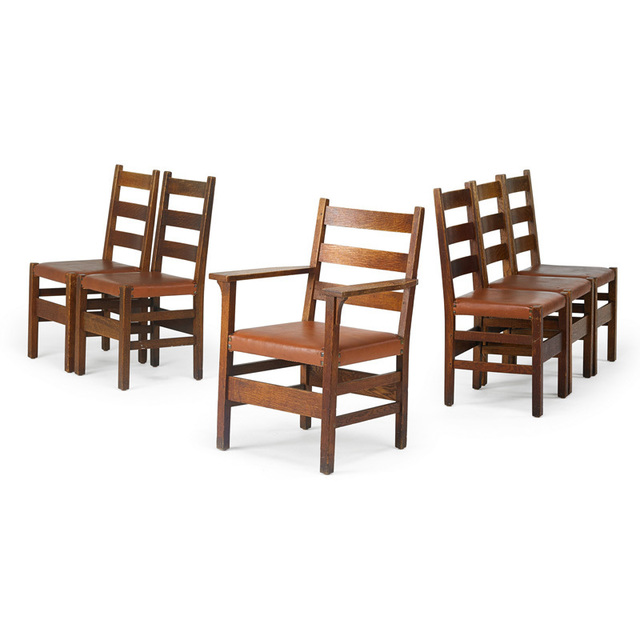 Gustav Stickley, ‘Assembled set of six ladder-back chairs, five side-, one arm-, Eastwood, NY’, 1910s, Rago/Wright