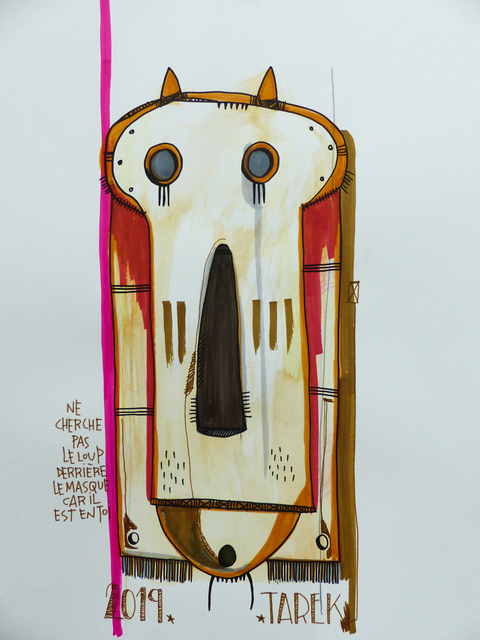TAREK, ‘Ne cherche pas le loup derriere le masque car il est en toi’, 2019, Drawing, Collage or other Work on Paper, Tea, watercolor, color ink and posca on paper, Galerie Carole Kvasnevski