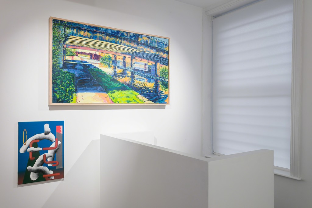 Lee Marshall 'U/T ( in Blue)', 2014 and Charlie Reed's 'Canal Path 2', 2013. Lee Marshall 'U/T ( in Blue)', 2014 and Charlie Reed's 'Canal Path 2', 2013.