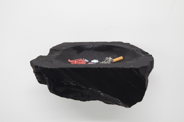 Tania Pérez Córdova, ‘chasing, pausing, waiting’, 2014, Sculpture, Makeup (blush), bird droppings, cigarette ash, and black marble, New Museum