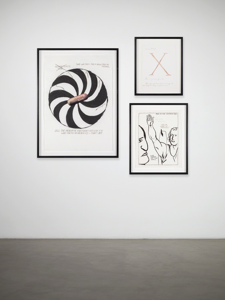 Raymond Pettibon installation:
"That Was Then This is Now Pill", 1989, Ink on paper, 23 x 16 inches
"From A to X", 1991, Ink on paper, 10 x 8 inches
"Pray to Chumash Gods", 1987, Ink on paper, 13 x 11 inches Raymond Pettibon installation:
"That Was Then This is Now Pill", 1989, Ink on paper, 23 x 16 inches
"From A to X", 1991, Ink on paper, 10 x 8 inches
"Pray to Chumash Gods", 1987, Ink on paper, 13 x 11 inches