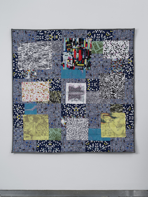 Claudia Hart, ‘Nayland Split Squares’, 2014, Installation, Handsewn polyester print and cotton fabric, tablet reader with custom case quilt: 58 x 60 x .25" / 147. x 152.4 x .6 cm tablet: 8 x 4.75 x .5" / 20.3 x 12.1 x 1.3 cm, bitforms gallery
