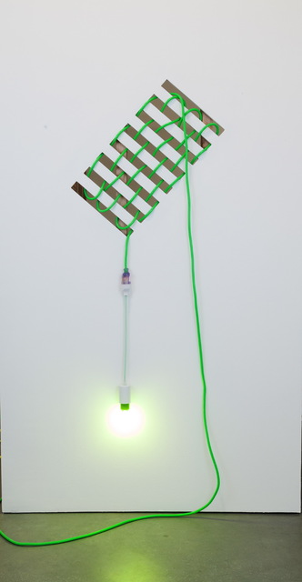 Dana Hemenway, ‘Untitled (Drywall Weave – Green)’, 2016, Sculpture, Laser cut drywall, wood, extension cord, custom fixture, colored compact fluorescent light bulb, Eleanor Harwood Gallery