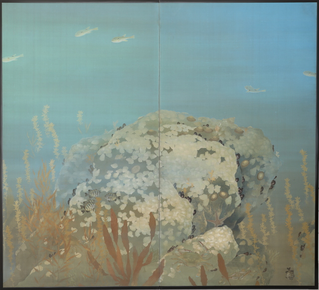 Unknown Artist, ‘Folding Screen, Tropical Fish in Ocean (T-4169)’, Showa era (1926, 1989), mid 20th century, Painting, Ink and mineral colors on paper, Thomsen Gallery