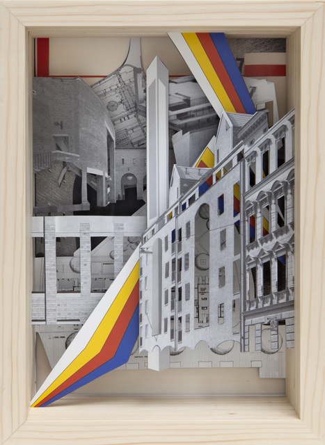Claudia Larcher, ‘Serie Baumeister »Baumeister 7, Juli 1987 - Ergänzungen in der Stadt« ’, 2015, Mixed Media, Paper Collage in Wooden Frame, Raum mit Licht