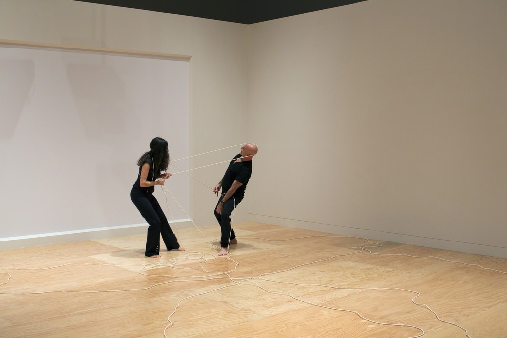 "Rope Dance," 2015, concept, title and score by Anna Halprin; interpretations and variations by Janine Antoni, right, and Stephen Petronio, left; commissioned by The Fabric Workshop and Museum, Philadelphia. "Rope Dance" performance part of "Entangle," Tang Teaching Museum, March, 2017 "Rope Dance," 2015, concept, title and score by Anna Halprin; interpretations and variations by Janine Antoni, right, and Stephen Petronio, left; commissioned by The Fabric Workshop and Museum, Philadelphia. "Rope Dance" performance part of "Entangle," Tang Teaching Museum, March, 2017