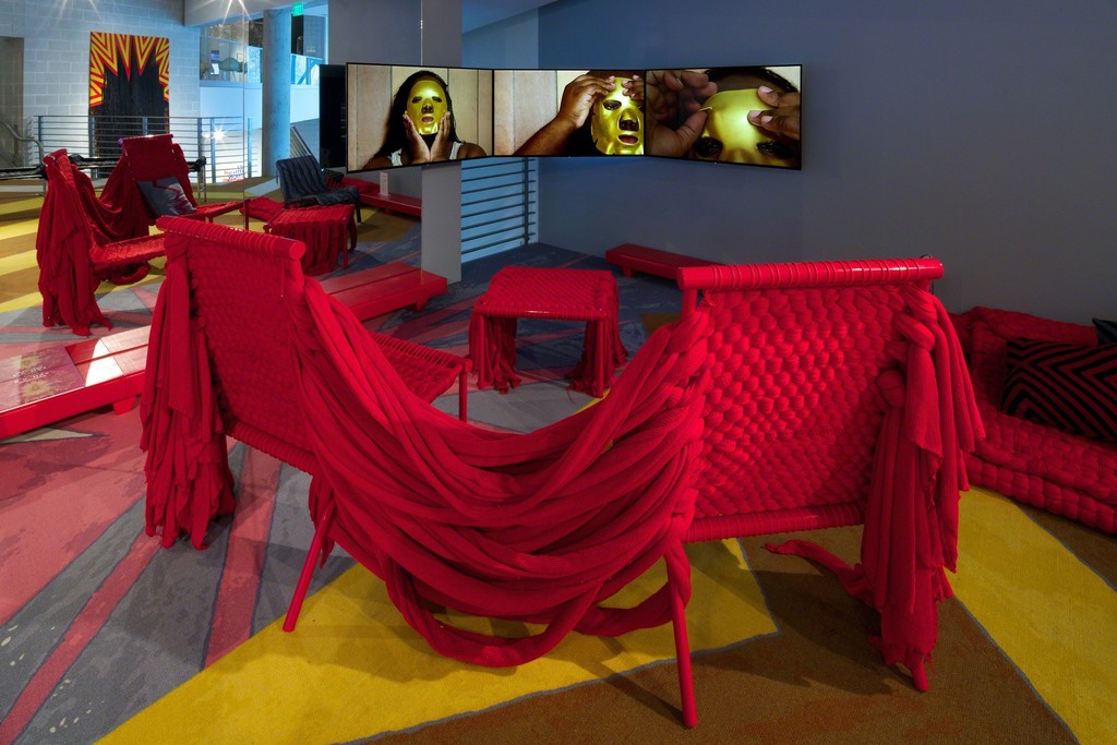 Installation view, Liz Collins: Energy Field, with the fourth iteration by Leah DeVun, in collaboration with Lauryn Siegel, Tang Teaching Museum, 2016, photo by Arthur Evans Installation view, Liz Collins: Energy Field, with the fourth iteration by Leah DeVun, in collaboration with Lauryn Siegel, Tang Teaching Museum, 2016, photo by Arthur Evans