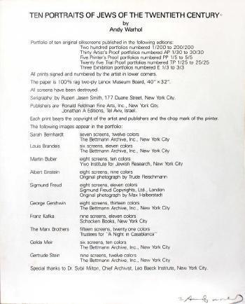 Andy Warhol - Cover page from Ten Portraits of Jews of the Twentieth Century ,
1980