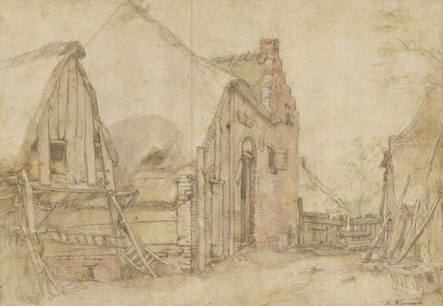 Abraham Bloemaert, ‘View of a Farm Courtyard (recto), Study of a Tree (verso)’, 1600, Black chalk, pen and brown ink, brown wash, watercolor (recto), black chalk, pen and black ink, gray wash (verso), J. Paul Getty Museum