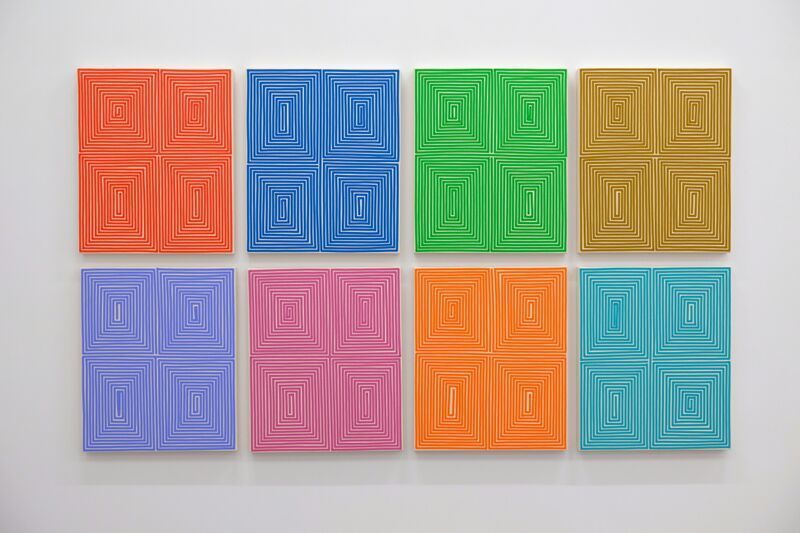 Install shot of Bradley Harms Stacked Coffer Grid. Each hand applied acrylic on canvas is 24 x 20" Install shot of Bradley Harms Stacked Coffer Grid. Each hand applied acrylic on canvas is 24 x 20"