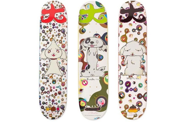 Takashi Murakami, ‘BunBu-Kun, Ponchi-Kun, and Shimon-Kun Skateboard Tryptich (Set of 3 Limited Edition Skate Decks)’, 2007, Design/Decorative Art, Silkscreen on Skate Decks (Set of Three) with Mounting Hinges, Alpha 137 Gallery Gallery Auction