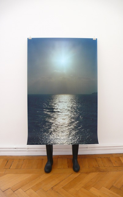 Shimabuku, ‘Photograph wearing rain boots’, 2014, Installation, Type C-print , wood, clip, rain boots, Barbara Wien