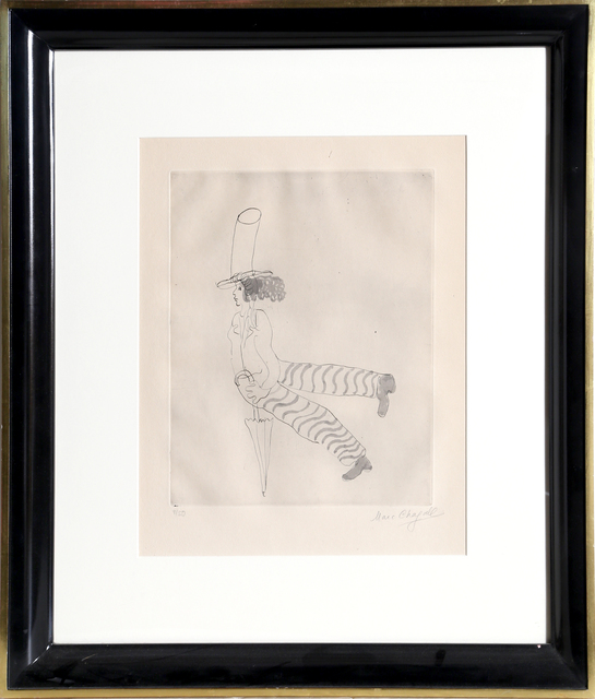 Marc Chagall, ‘Pierrot avec Parapluie (Man with Umbrella)’, 1926-1927, Print, Hand-Colored Etching and Lift Ground Technique on Arches paper, RoGallery