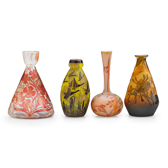 D'Argental, ‘Four Vases with Flowers and Birds, France’, Early 20th C., Rago/Wright