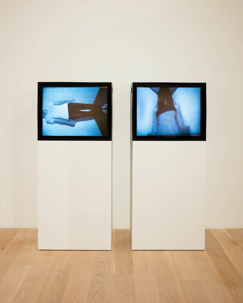 Bruce Nauman, Bouncing in the Corner No. 1, 1968, and Bouncing in the Corner No. 2: Upside Down, 1969. Digital black-and-white video, transferred from analog, with sound, 60 min. Courtesy Electronic Arts Intermix (EAI), New York. Installation view: "The Everywhere Studio," Institute of Contemporary Art, Miami, Dec 1, 2017–Feb 26, 2018. Photo: Fredrik Nilsen Studio. Bruce Nauman, Bouncing in the Corner No. 1, 1968, and Bouncing in the Corner No. 2: Upside Down, 1969. Digital black-and-white video, transferred from analog, with sound, 60 min. Courtesy Electronic Arts Intermix (EAI), New York. Installation view: "The Everywhere Studio," Institute of Contemporary Art, Miami, Dec 1, 2017–Feb 26, 2018. Photo: Fredrik Nilsen Studio.